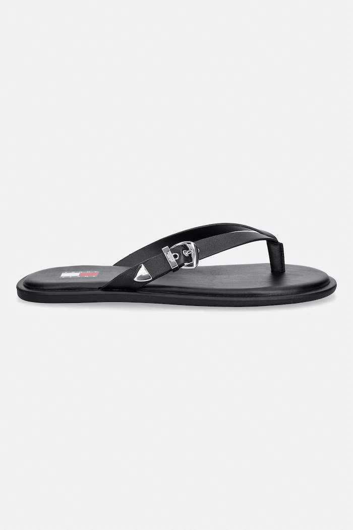 Tommy Jeans šľapky dámske kožené TJW FLAT LEATHER SANDALS EN0EN03096 čierna AW26