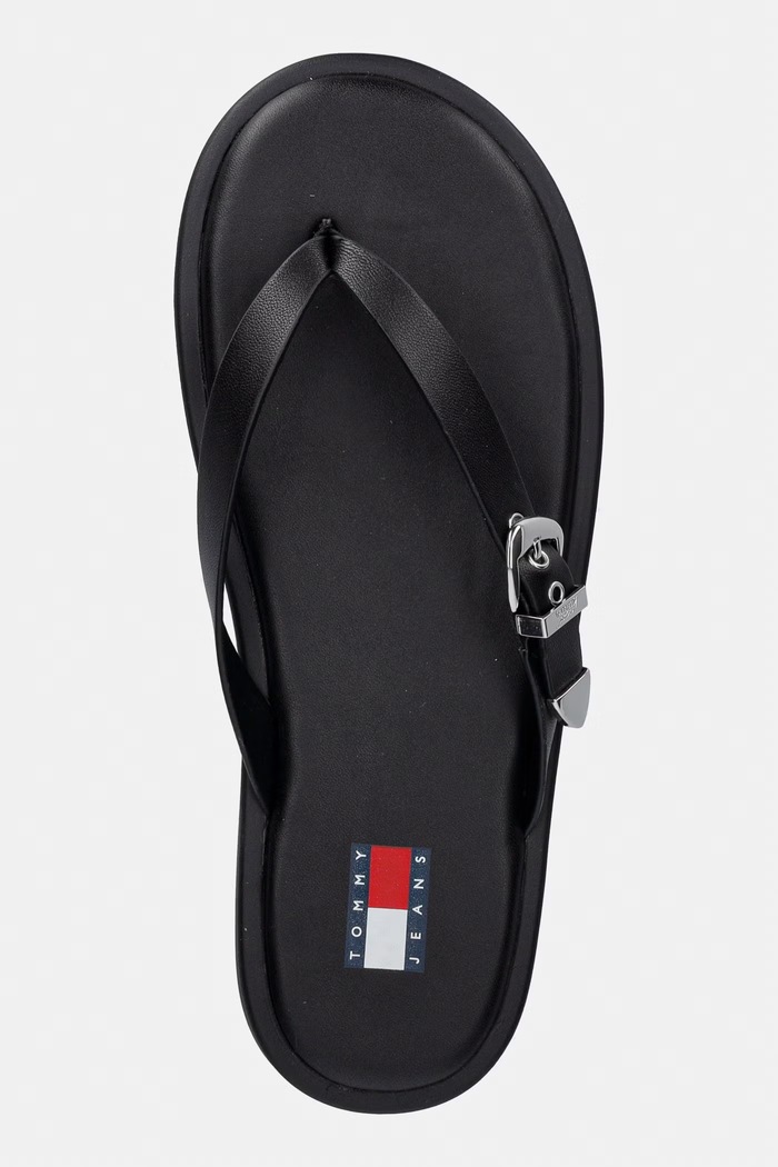 Tommy Jeans šľapky dámske kožené TJW FLAT LEATHER SANDALS čierna EN0EN03096
