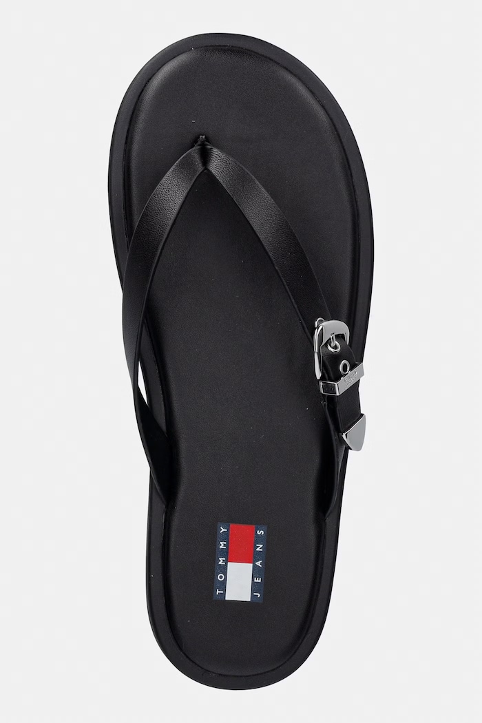 Tommy Jeans šľapky dámske kožené TJW FLAT LEATHER SANDALS čierna EN0EN03096