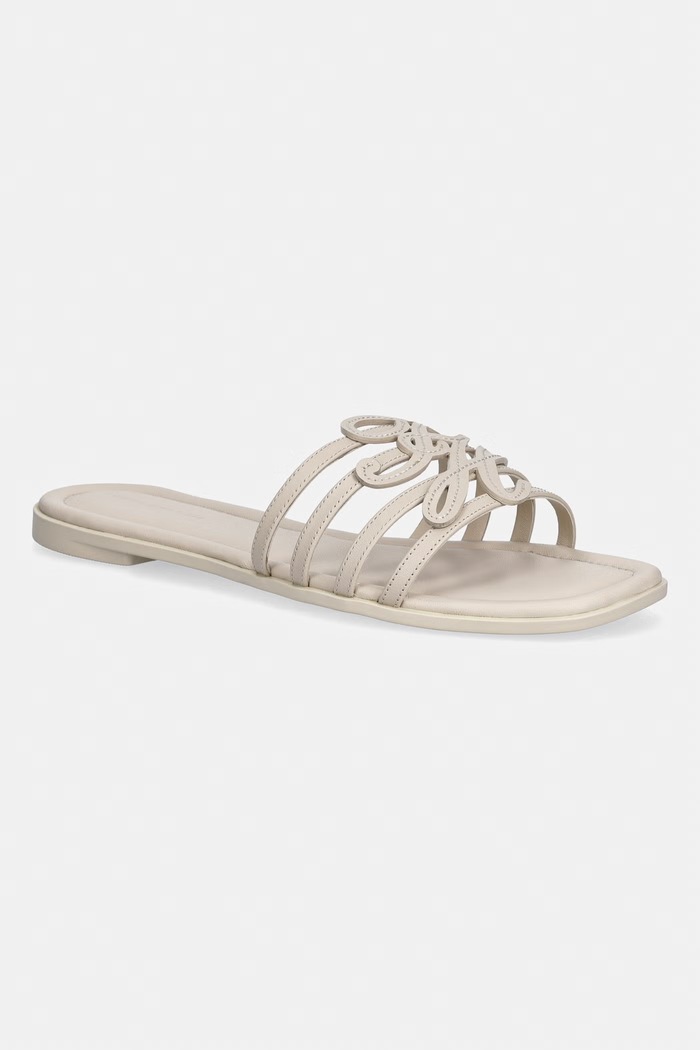 Tommy Hilfiger klapki z odkrytymi palcami damskie skórzane TH SCRIPT FLAT MULE LTH beżowy FW0FW09368