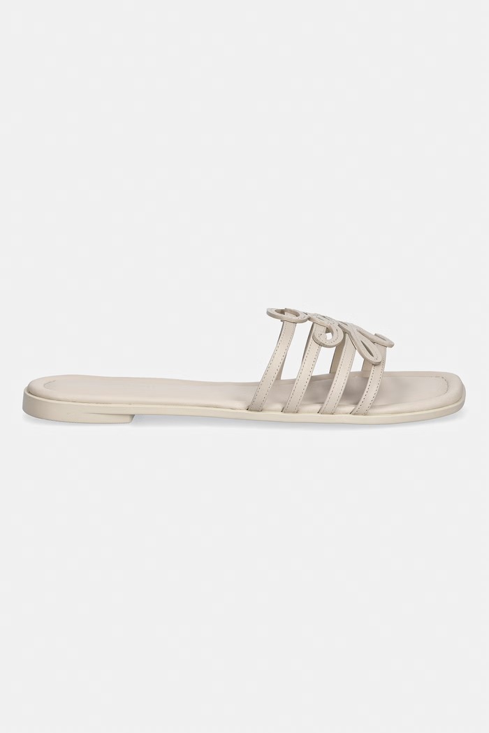 Tommy Hilfiger klapki z odkrytymi palcami damskie skórzane TH SCRIPT FLAT MULE LTH FW0FW09368 beżowy AW26