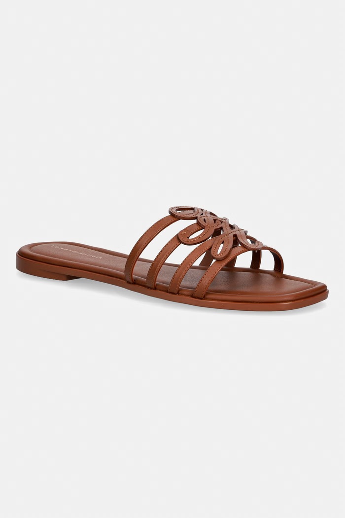 Tommy Hilfiger klapki z odkrytymi palcami damskie skórzane TH SCRIPT FLAT MULE LTH brązowy FW0FW09368
