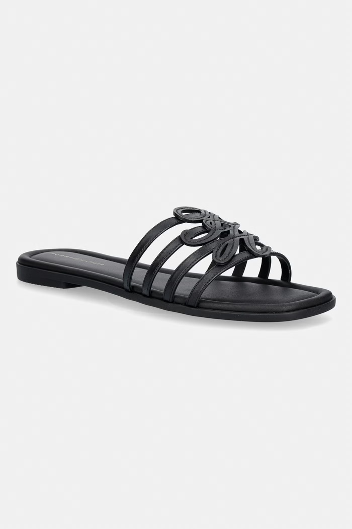 Tommy Hilfiger klapki z odkrytymi palcami damskie skórzane TH SCRIPT FLAT MULE LTH czarny FW0FW09368
