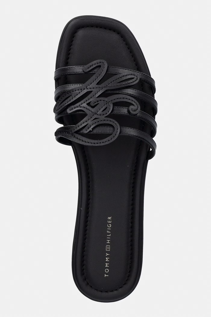Tommy Hilfiger klapki z odkrytymi palcami damskie skórzane TH SCRIPT FLAT MULE LTH czarny FW0FW09368