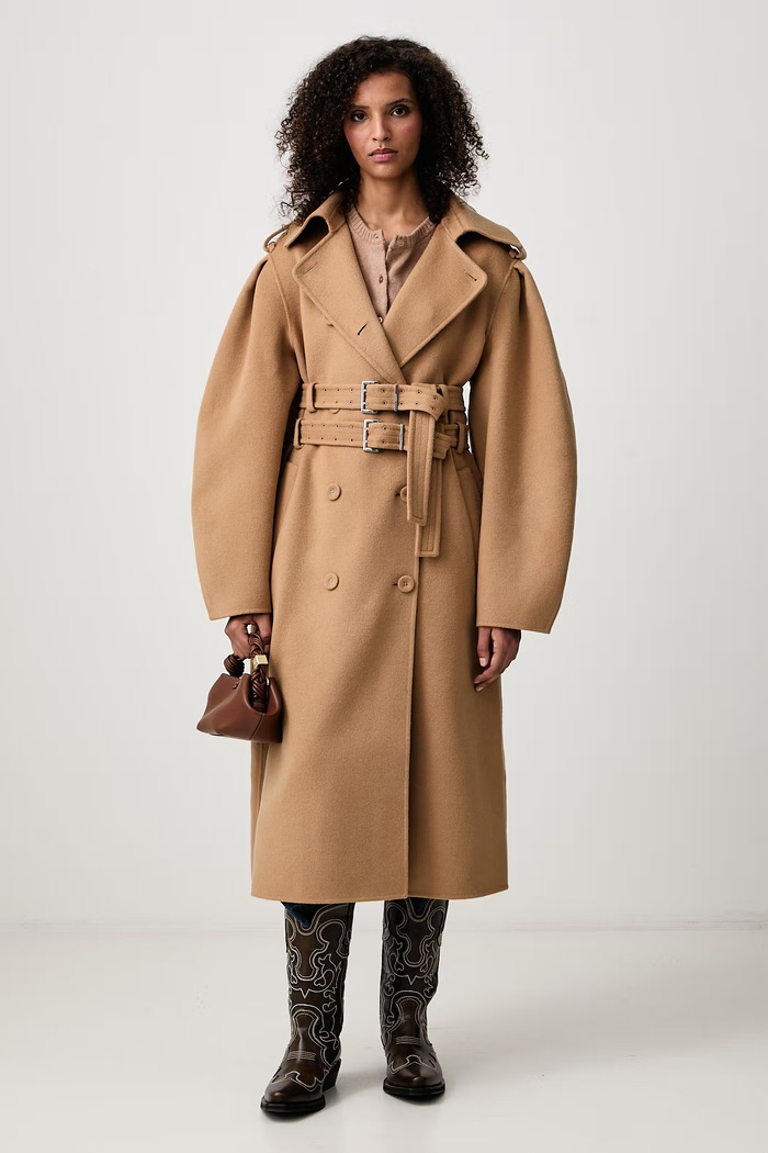 GANNI Splittable Trench płaszcz wełniany damski A1120001 brązowy AW26
