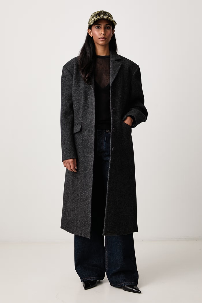 GANNI Peacoat płaszcz z wełną damski A1120012 czarny AW26