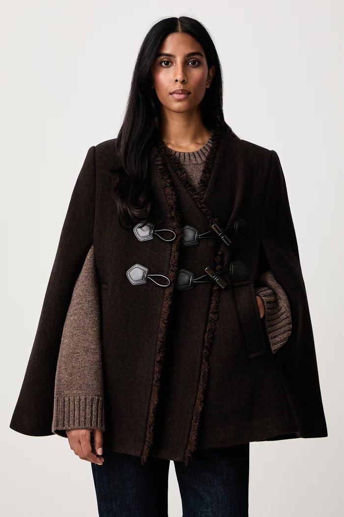GANNI Peacoat płaszcz peleryna z wełną damski brązowy A1010233
