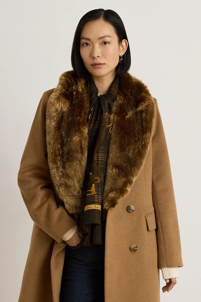 Odzież Lauren Ralph Lauren Płaszcz damski z wełną 297P23450 brązowy