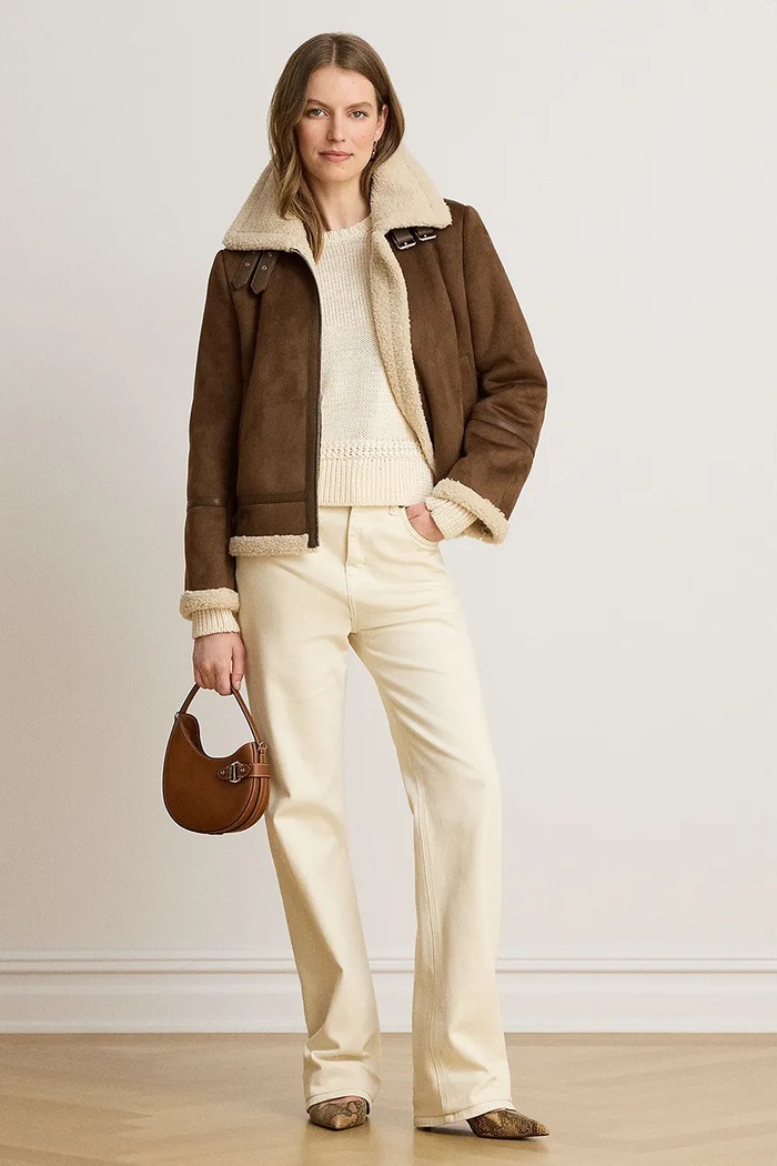 Odzież Lauren Ralph Lauren Krótka kurtka damska z imitacji zamszu 297P04122 brązowy