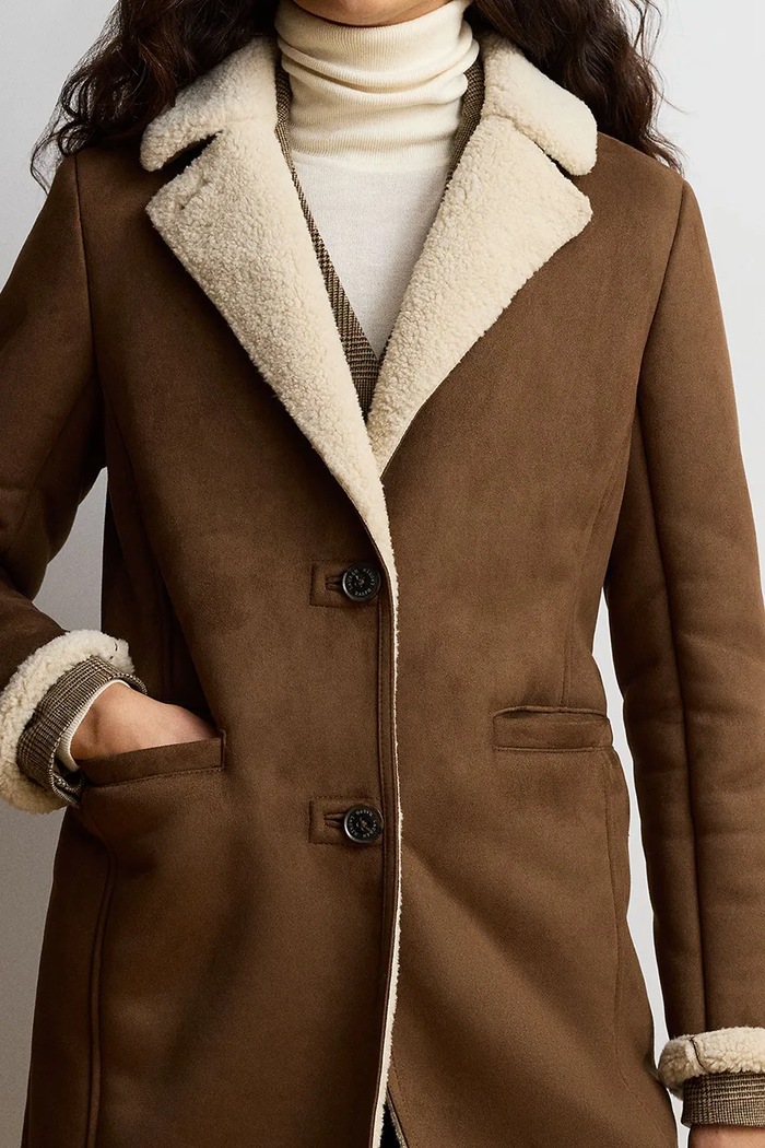 Kożuch damski z imitacji zamszu Lauren Ralph Lauren 297P04121 brązowy
