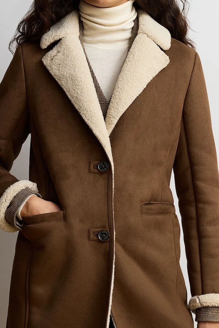 Kożuch damski z imitacji zamszu Lauren Ralph Lauren 297P04121 brązowy
