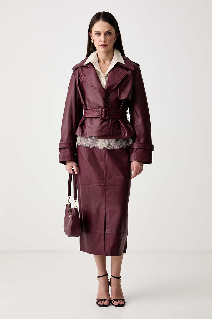 Pedro del Hierro Ramoneska damska skórzana 5494176 bordowy AW26