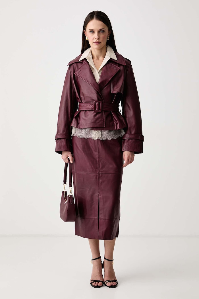 Pedro del Hierro Ramoneska damska skórzana 5494176 bordowy AW26