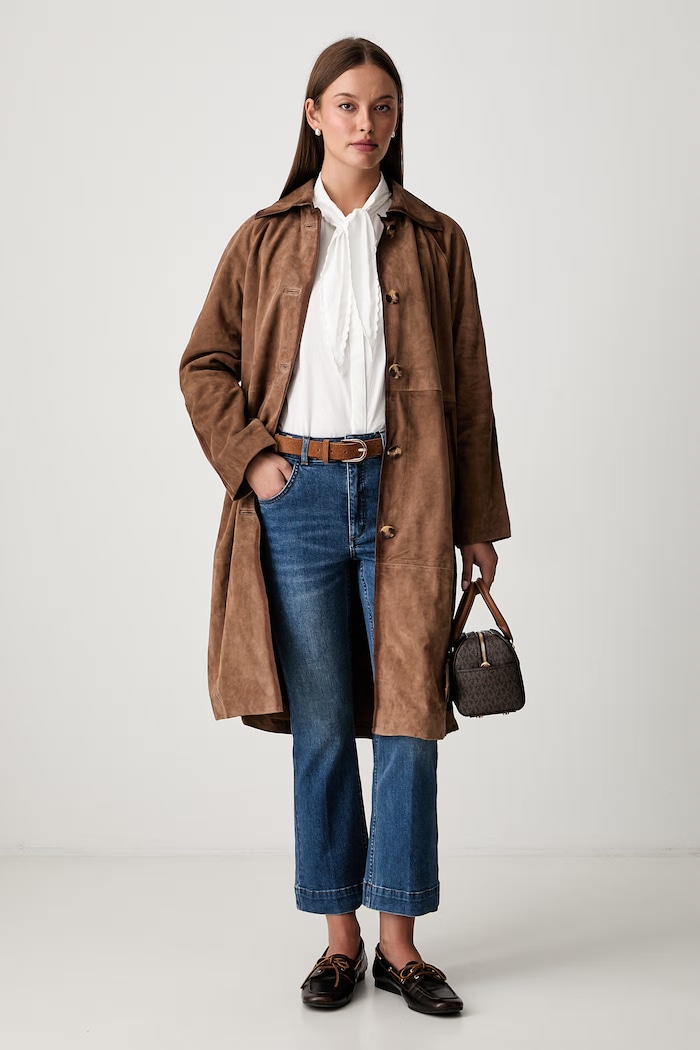 Pedro del Hierro płaszcz damski zamszowy 5494179 brązowy AW26