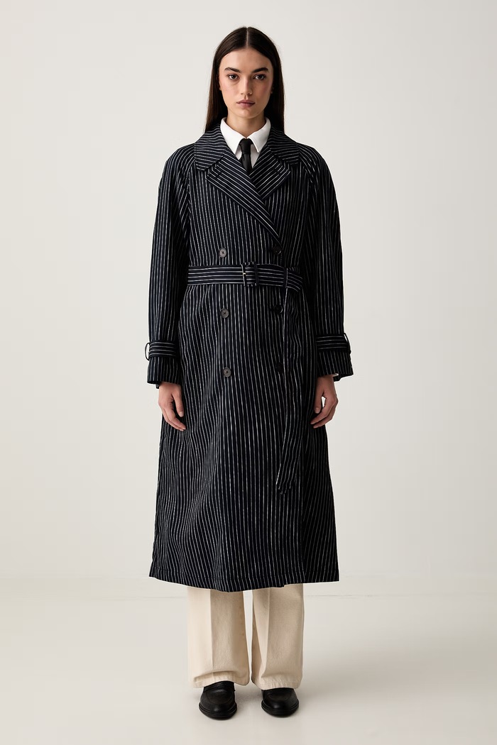 Tommy Hilfiger trenčkot dámský s příměsí lnu námořnická modř WW0WW49841