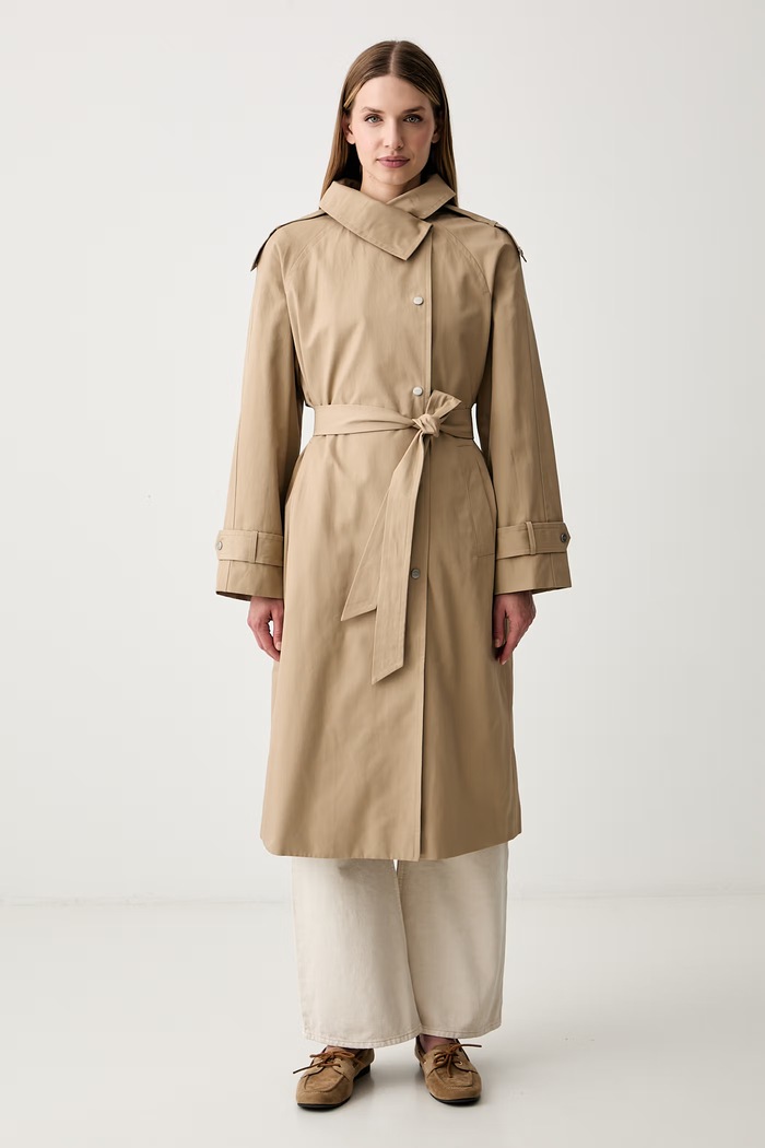 DKNY płaszcz damski z bawełną beżowy DLEMPY55