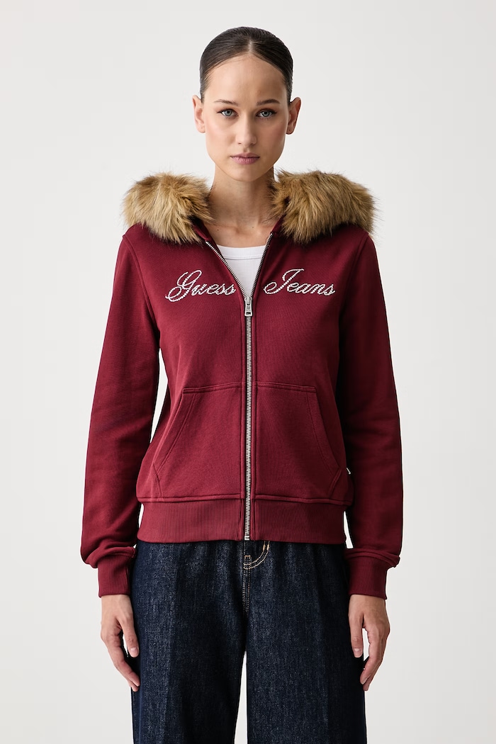Guess Jeans Rozepínací mikina s kapucí dámská bavlněná burgundské W6BQ10.K5551