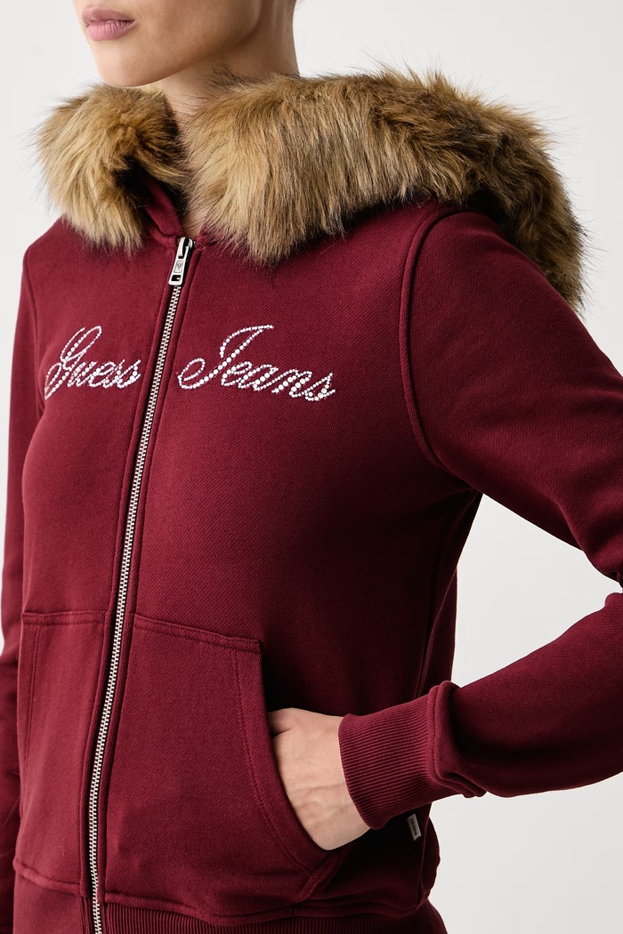 Rozepínací mikina s kapucí dámská bavlněná Guess Jeans W6BQ10.K5551 burgundské