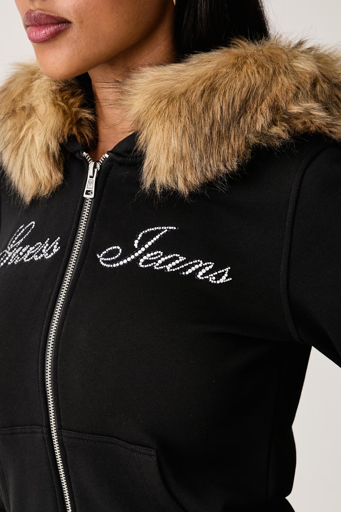 Rozepínací mikina s kapucí dámská bavlněná Guess Jeans W6BQ10.K5551 černá
