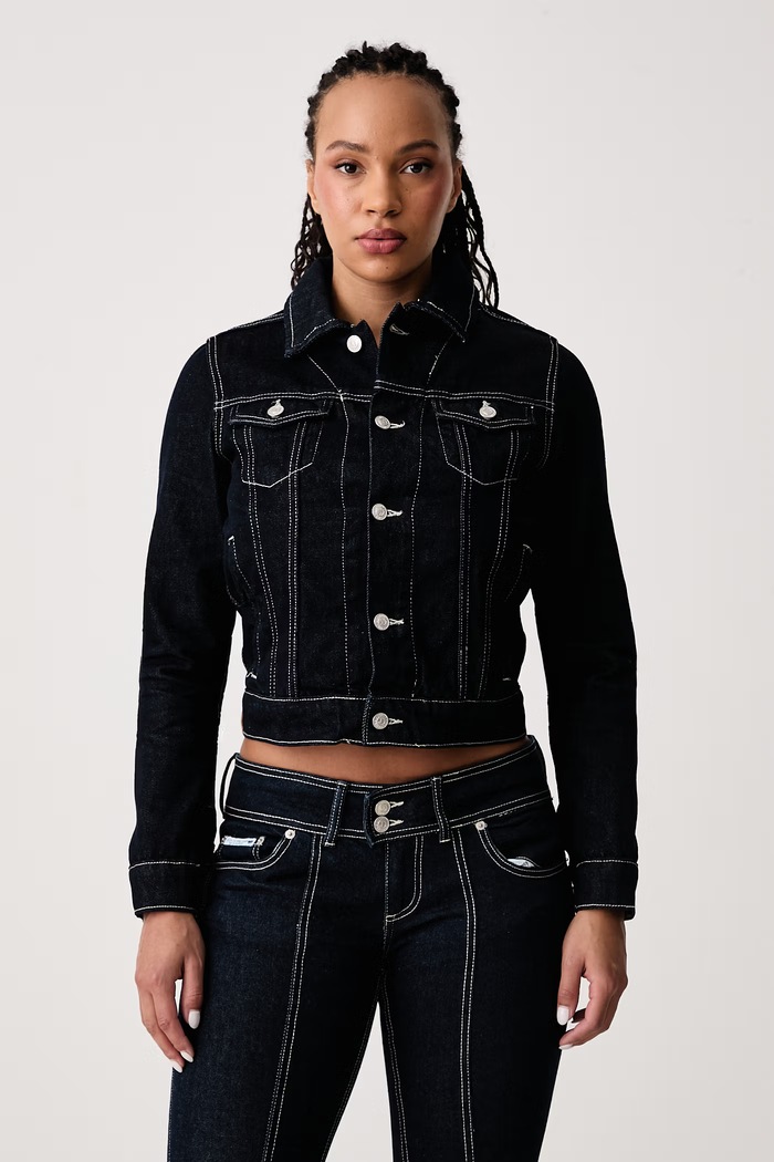 Juicy Couture Kurtka jeansowa damska bawełniana DOG CREST DENIM granatowy JCDIJ226951