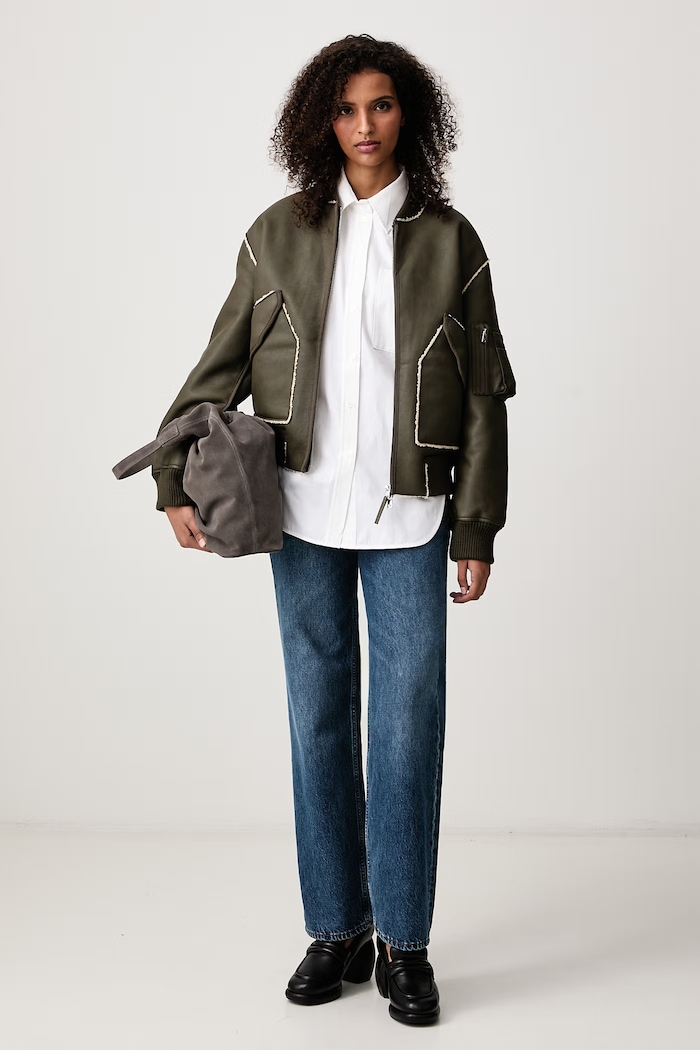 Maison Kitsuné Bomber krótka kurtka damska z imitacji skóry MRWWV04WQ4113 zielony AW26