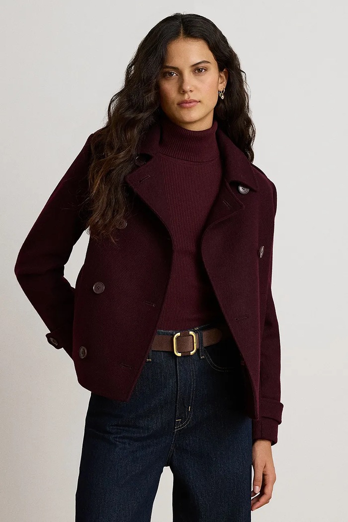 Lauren Ralph Lauren Krótki płaszcz damski z wełną bordowy 297P04149