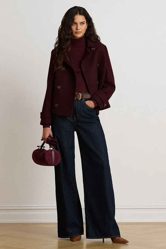 Odzież Lauren Ralph Lauren Krótki płaszcz damski z wełną 297P04149 bordowy