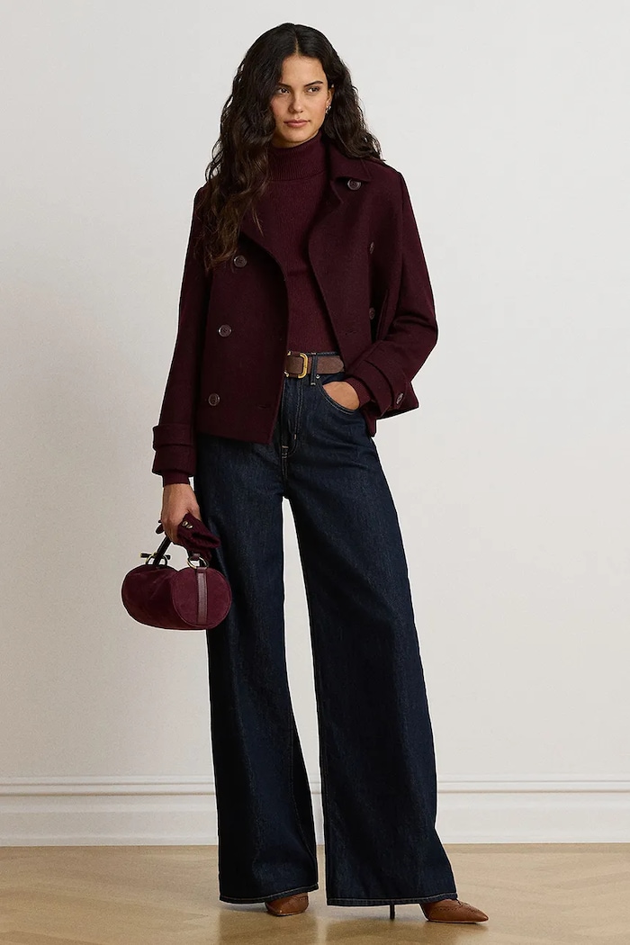 Odzież Lauren Ralph Lauren Krótki płaszcz damski z wełną 297P04149 bordowy