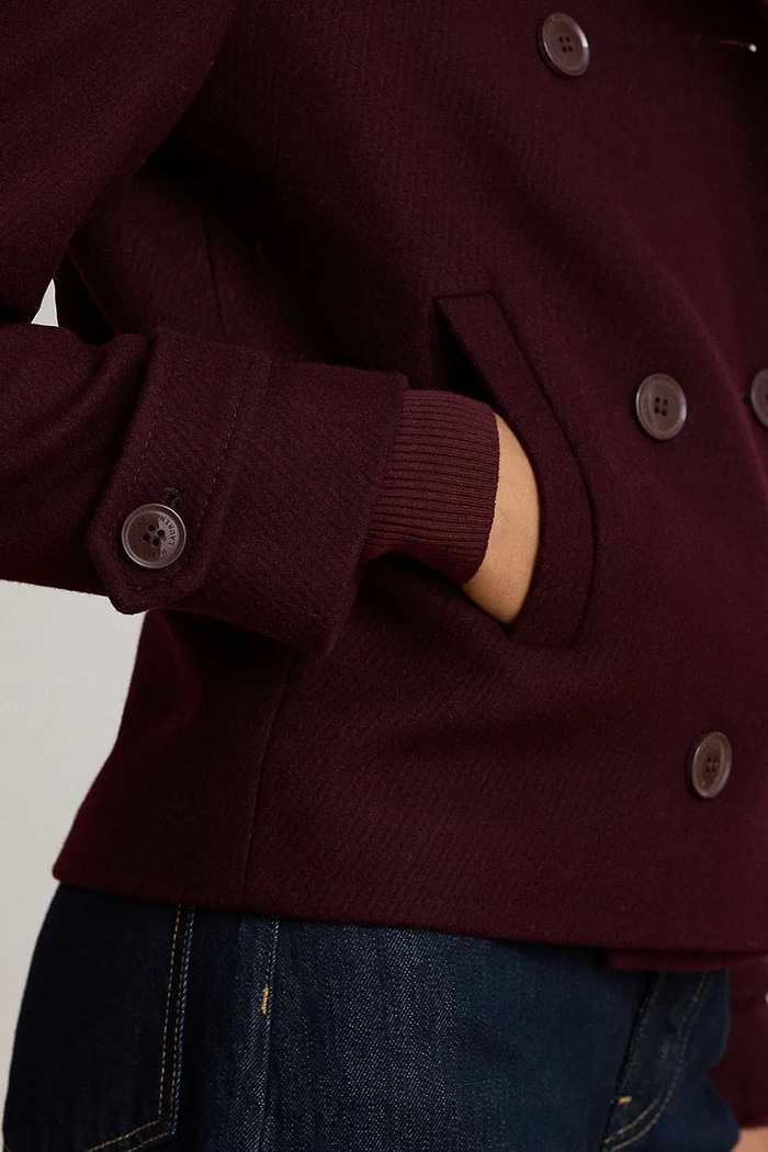 Krótki płaszcz damski z wełną Lauren Ralph Lauren bordowy 297P04149