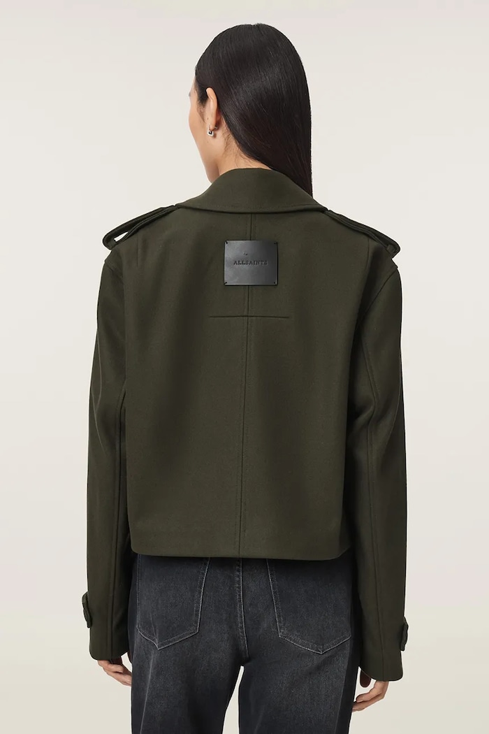 AllSaints Krótka kurtka damska z wełną LOWLA W015OF zielony AW26