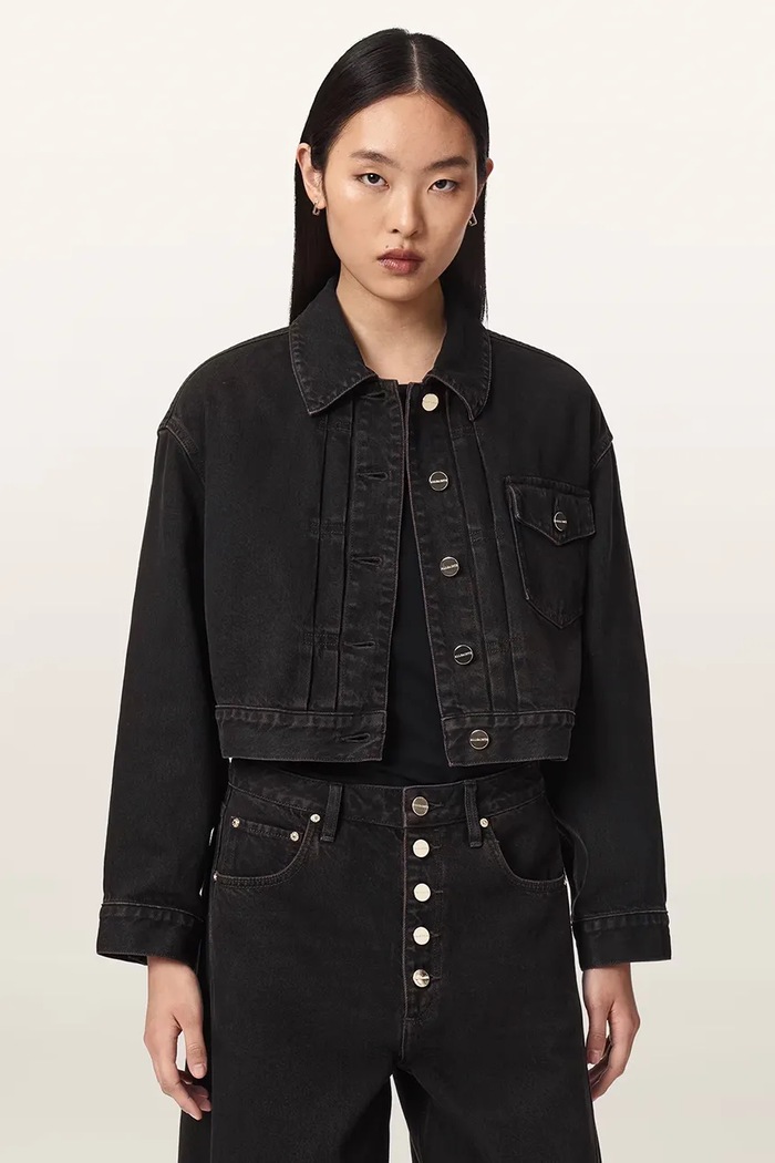 AllSaints Kurtka jeansowa damska BLINK CROPPED JACKET brązowy W035OF