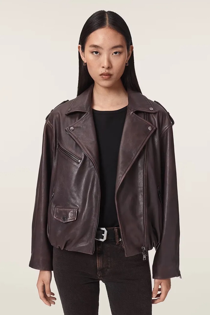 AllSaints Krótka kurtka damska skórzana SAMINA bordowy W023LF
