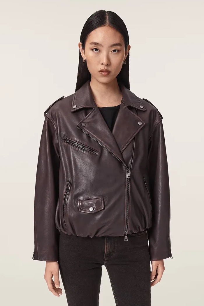 Krótka kurtka damska skórzana SAMINA AllSaints W023LF bordowy
