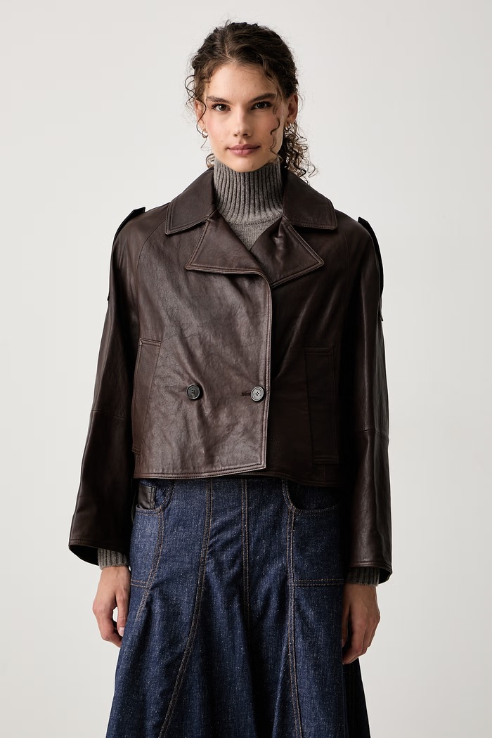Weekend Max Mara Krótki trencz damski skórzany WKDFELINO brązowy 2625446051600