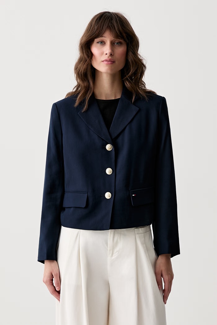 Tommy Jeans jednořadé sako dámské s viskózou námořnická modř DW0DW22910