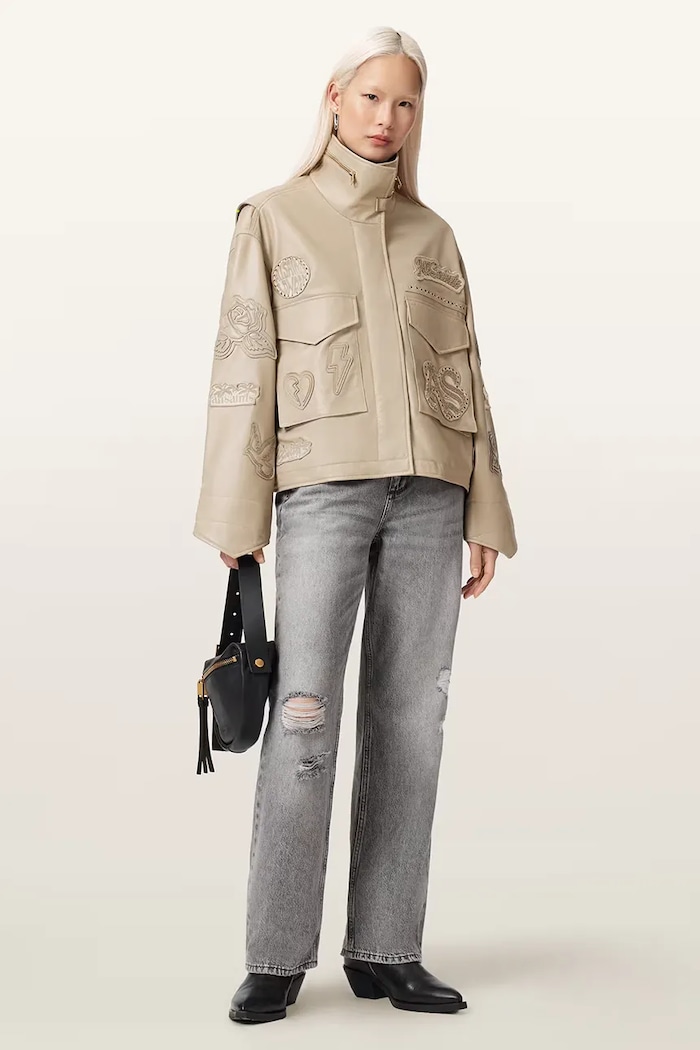 AllSaints geacă de piele pentru femei, din piele CLAY bej W078LE