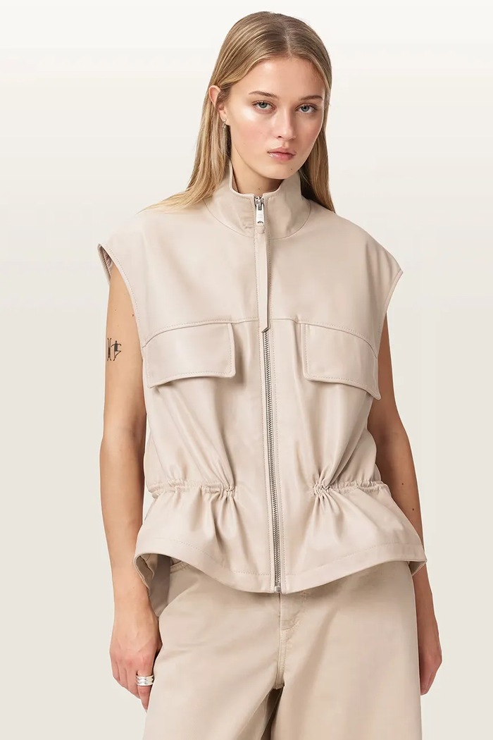 AllSaints bezrękawnik damski skórzany FLOR beżowy W095LE