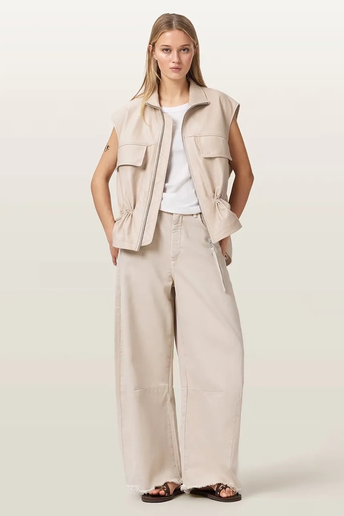 Odzież AllSaints bezrękawnik damski skórzany FLOR W095LE beżowy
