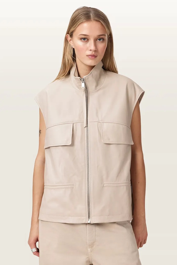 AllSaints bezrękawnik damski skórzany FLOR beżowy W095LE