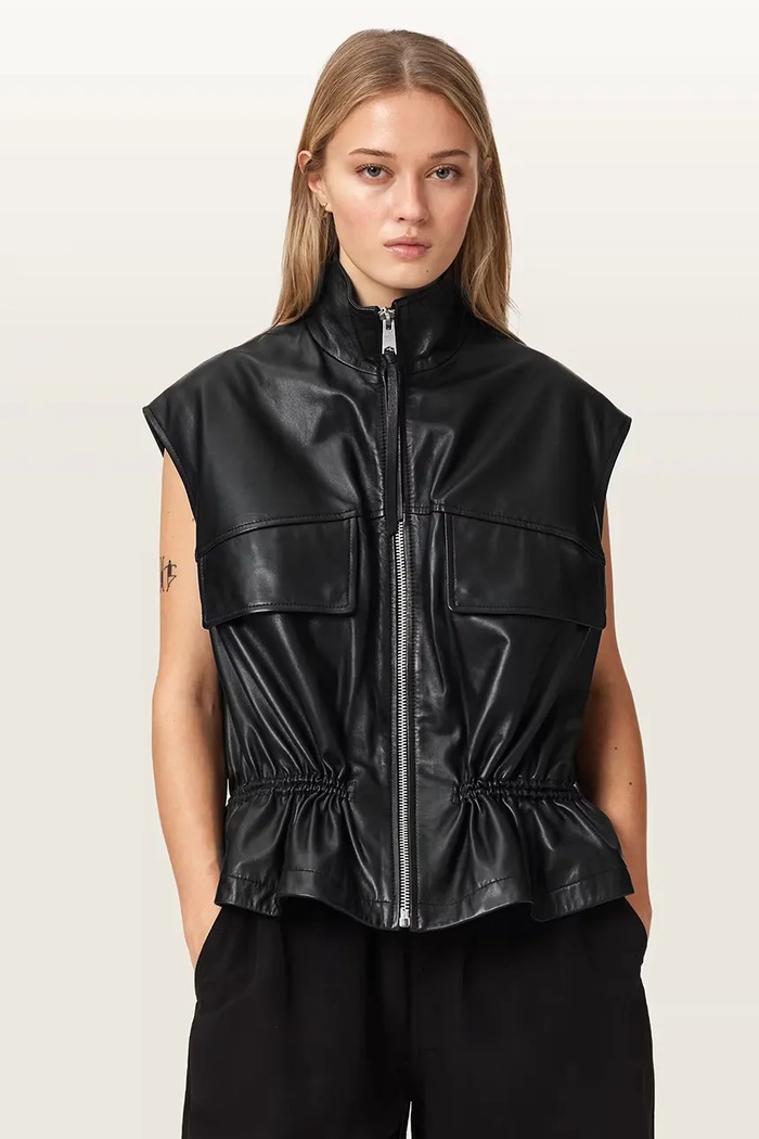 AllSaints bezrękawnik damski skórzany FLOR czarny W095LE