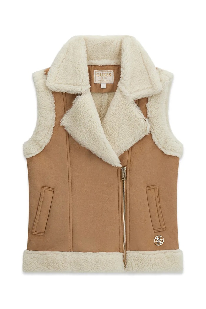 Guess bezrękawnik dziecięcy z imitacji zamszu J6YL15.W2630.9BY2 brązowy AW26