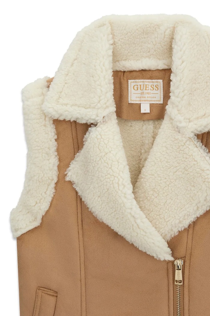 Guess bezrękawnik dziecięcy z imitacji zamszu brązowy J6YL15.W2630.9BY2