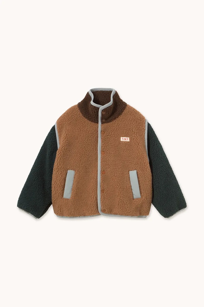 Tinycottons rozepínací mikina dětská fleecová COLOR BLOCK SHERPA JACKET AW26.252 hnědá AW26