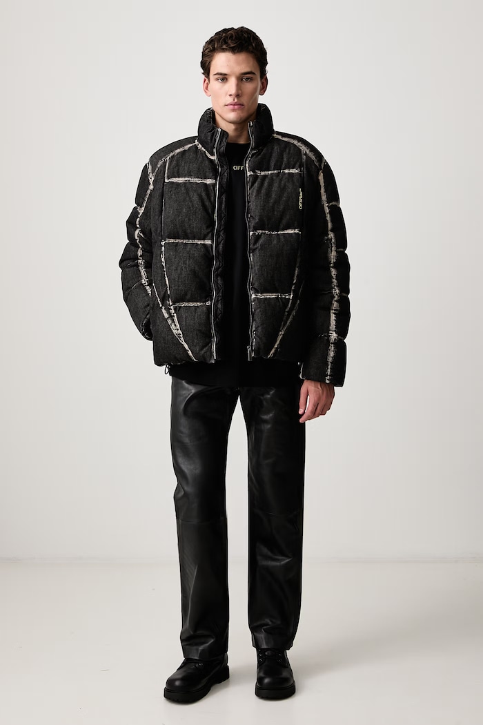 Off-White Bookish Cott Den Racing Puffer jachetă de iarnă din bumbac pentru bărbați 44MED06DF26D001001 negru AW26