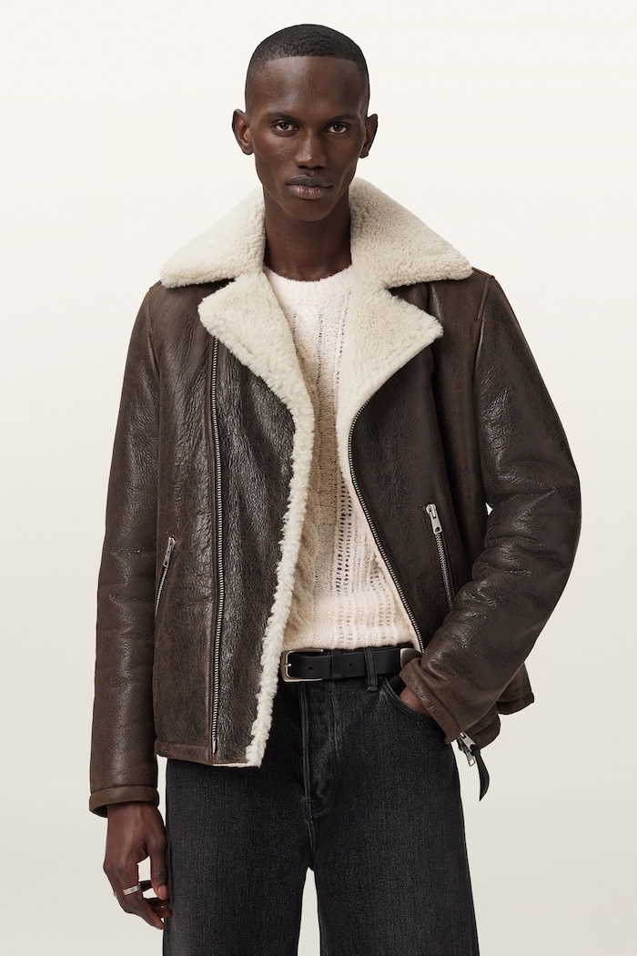 AllSaints Kurtka kożuch męska skórzana XYLON brązowy M056LB