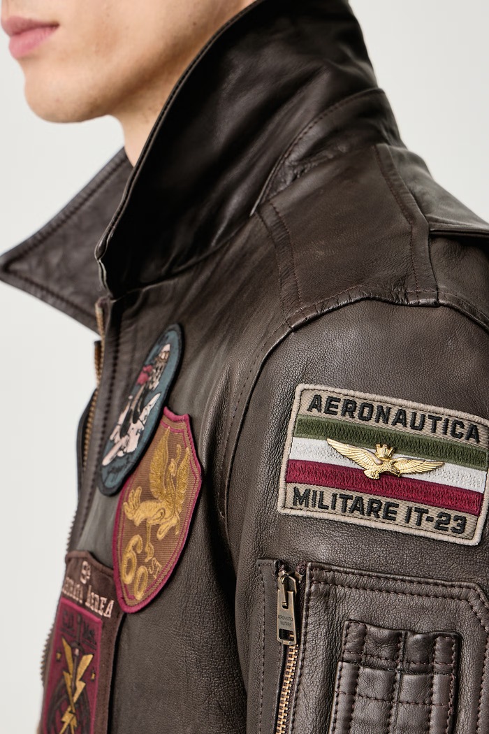 Krótka kurtka męska skórzana Aeronautica Militare PN0968U100839 brązowy