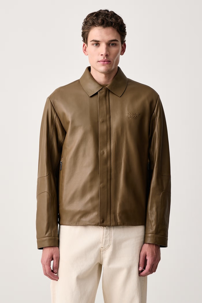 BOSS Green Kratka jakna za muškarce od kože LH_PS Icons70 ST smeđa 50569177