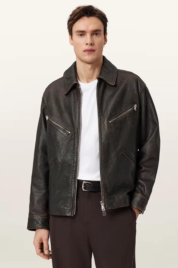 AllSaints bunda pánska kožená STARDAY sivá M026LE