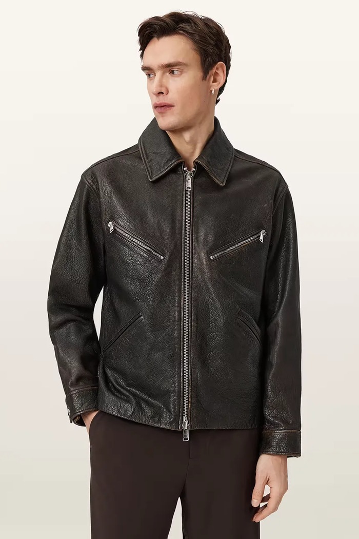 AllSaints bunda pánska kožená STARDAY sivá M026LE