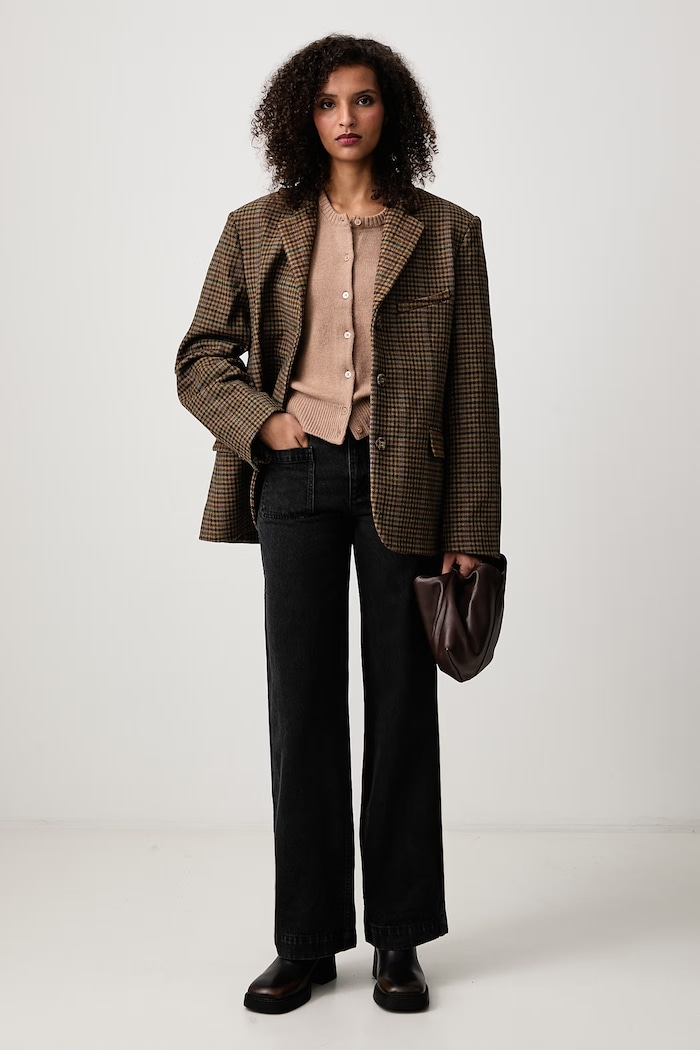 GANNI Heavy Check Twill jednoradové sako s vlnou dámske A1020109 hnedá AW26